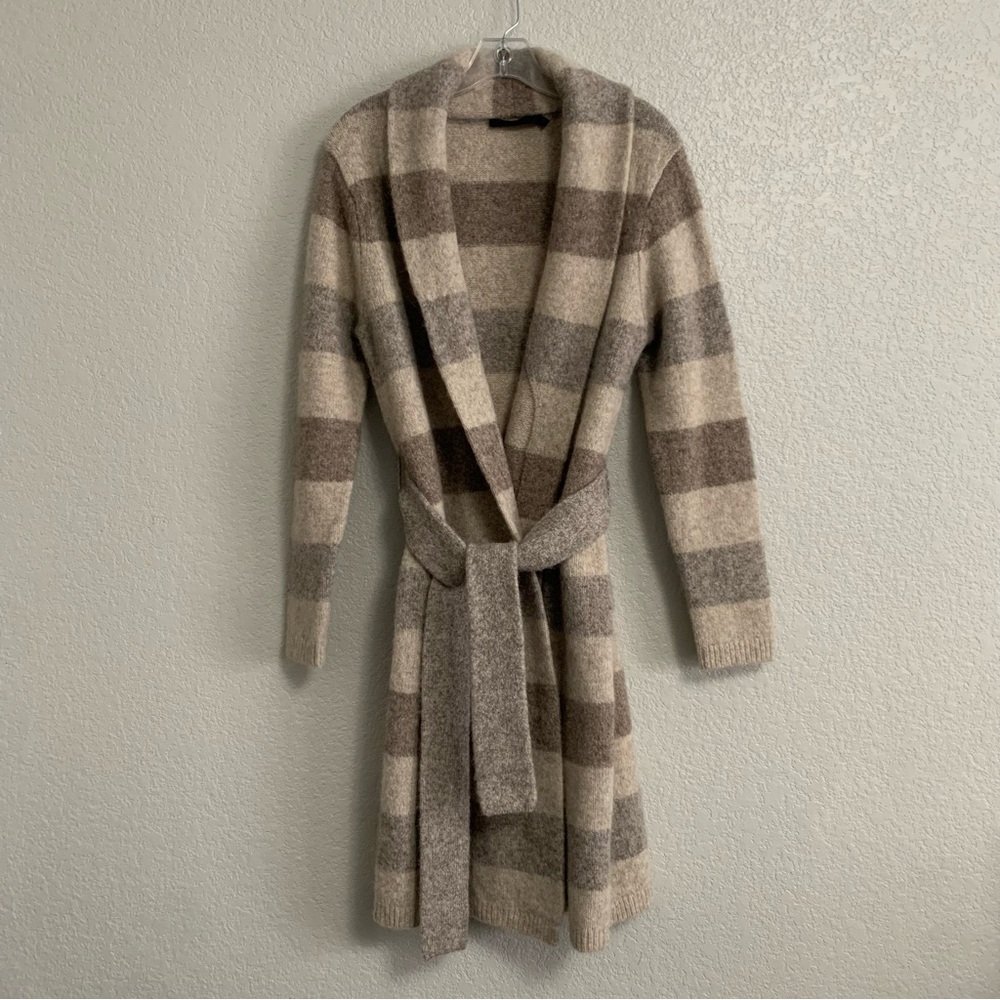 Jenni Kayne Belted Sweater Coat Cardigan Womens XS Wool Long Striped Pockets - Picture 4 of 16